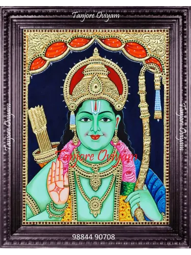 Handcrafted Ramar Tanjore Painting showing Lord Rama in a blessing pose, made with gold foil and vibrant South Indian Tanjore detailing